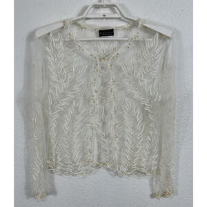 Marina Bresler Cardigan Womens S/M Ivory Sheer Beaded Soutache Ribbon Accents